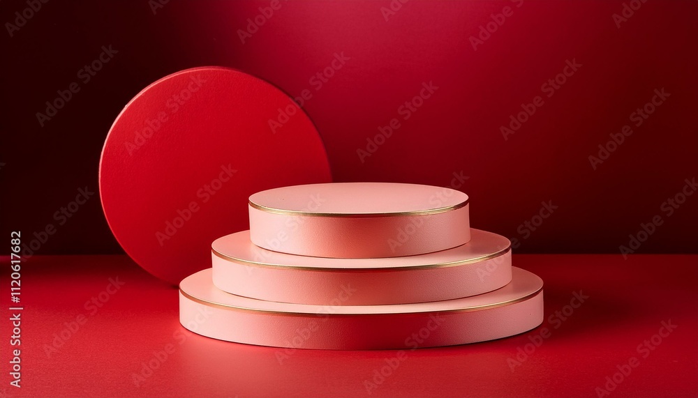Poster pedestal of platform display with modern stand podium on red room background. generated image
