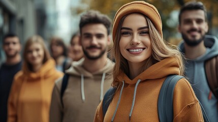 Fototapeta premium A cheerful group of teenagers in stylish hoodies enjoys a sunny autumn day in an urban environment, showcasing youthful energy and friendship in a vibrant portrait.