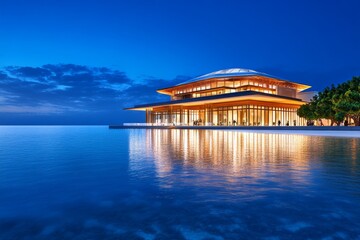 Fototapeta premium A 3D-rendered image of the Louvre Abu Dhabi, showcasing its dome with dynamic lighting and intricate water reflections