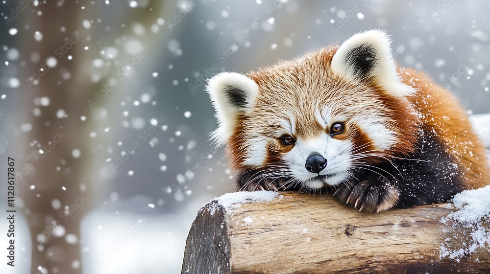 Poster playful red panda resting on snowy branch in winter wonderland atmosphere : generative ai