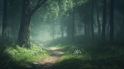 Obraz premium Misty forest pathway with soft sunlight