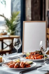 Romantic Valentine's day seafood restaurant table setting for elegant dining experience. Vertical banner. Copy space. White poster on a table with seafood. Mockup for menu