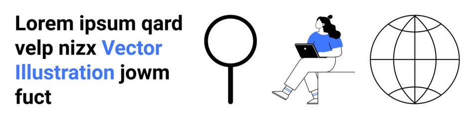 Text, magnifying glass, woman with laptop, and globe. Ideal for tech, business, education, search engines, research learning connectivity Landing page