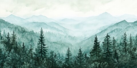 Fototapeta premium Misty green mountains watercolor landscape painting
