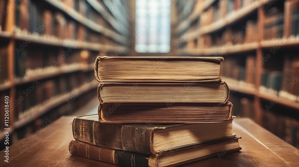 Poster vintage books stacked on wooden table in historic library with sunlit background : generative ai