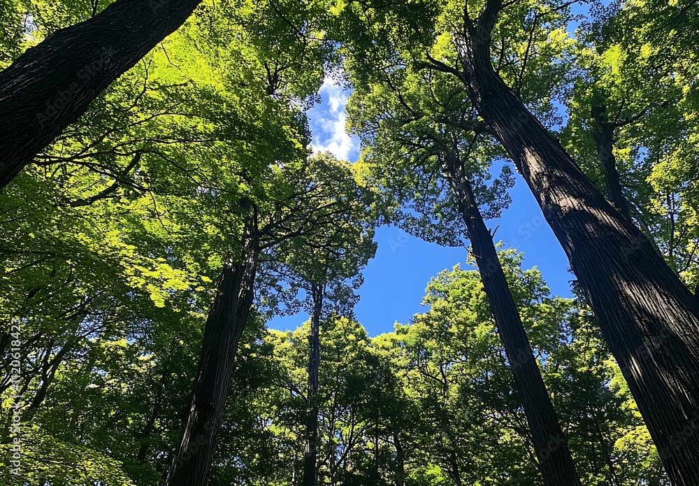 Poster Vibrant Green Forest with Sunlight Filtering Through Tree Canopy : Generative AI