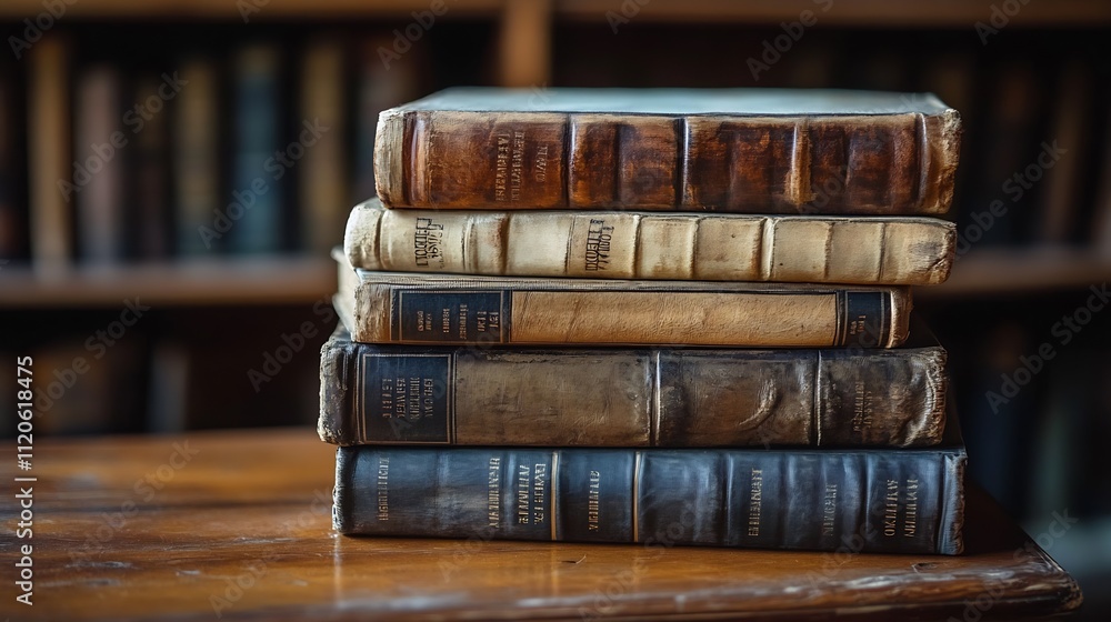 Poster Stack of Antique Books on Wooden Table in Cozy Library Setting : Generative AI