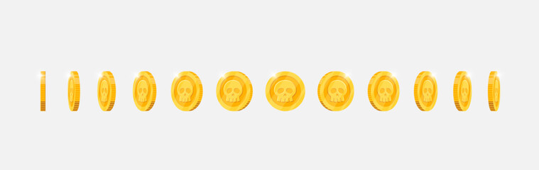 Gold coin spinning in varied directions for video game animation. Metallic currency with skull design rotates dynamically. Achievement icon in motion. Flat 3D style asset for gaming visuals