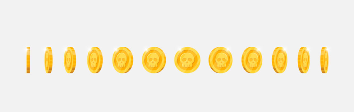 Gold coin spinning in varied directions for video game animation. Metallic currency with skull design rotates dynamically. Achievement icon in motion. Flat 3D style asset for gaming visuals