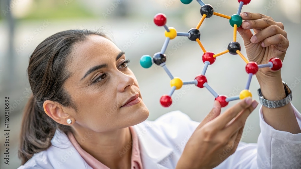 Poster scientist examining molecular model in laboratory setting