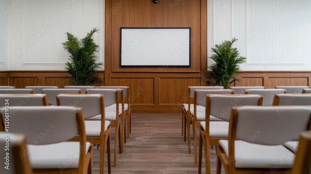 Poster modern conference room setup with empty chairs and audio-visual display