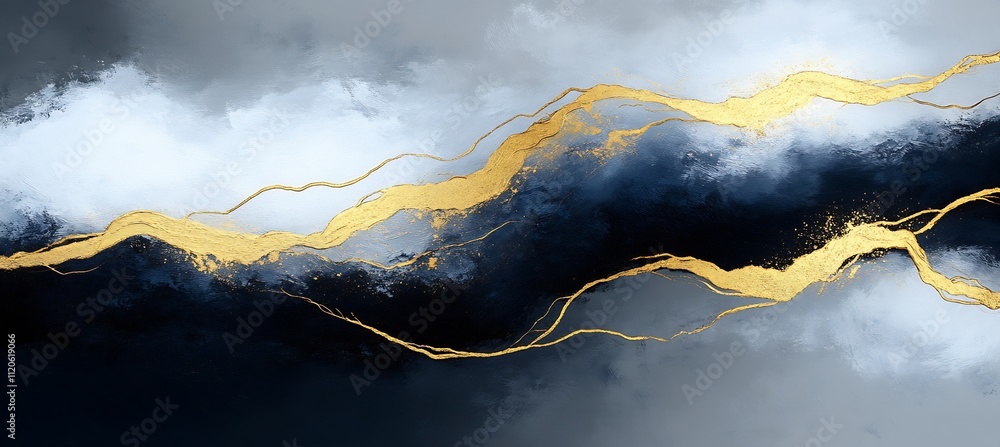 Aufkleber Modern Dark Abstract Art with Gold Lines Creating Dynamic Flow Across Canvas : Generative AI