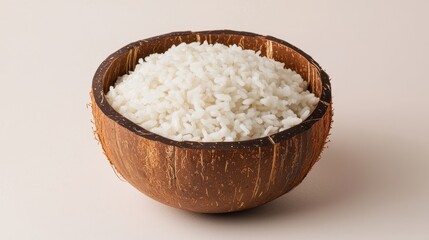 White Rice in a Rustic Coconut Bowl on a Neutral Background
