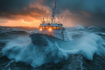  Fishing trawler braves stormy sea at sunset, showcasing maritime industry resilience and adventure.
