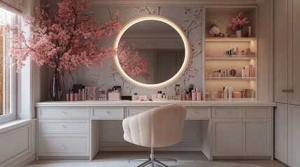 Elegant vanity with illuminated mirror, pink flowers, and organized makeup.