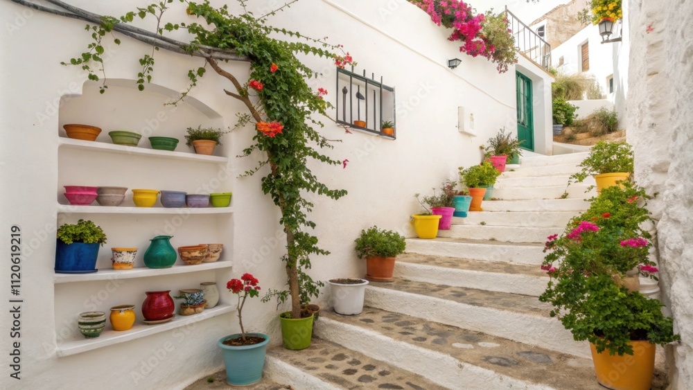 Poster bright white walls provide a clean backdrop while an array of colorful ceramic pots on exposed shelv