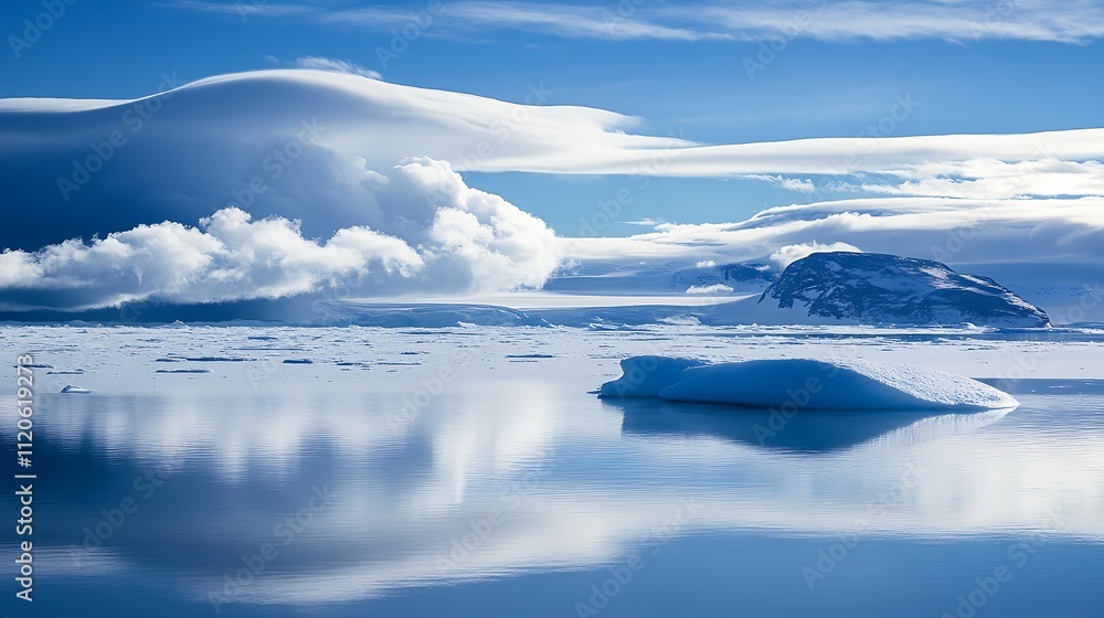 Poster majestic landscape of arctic iceberg reflections on calm waters beneath an expansive cloudy sky : ge