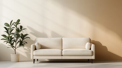 Fototapeta premium Cozy Modern Sofa with Plant in Minimalist Room Interior Design