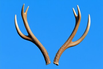 A detailed image of a deer antlers against a clear blue sky, showing the intricate patterns and textures