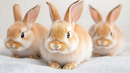Obraz premium Three Adorable Brown Rabbits Sitting on Soft White Blanket