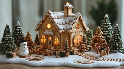 Fototapeta premium Traditional gingerbread house illuminated with warm lights for the holidays.