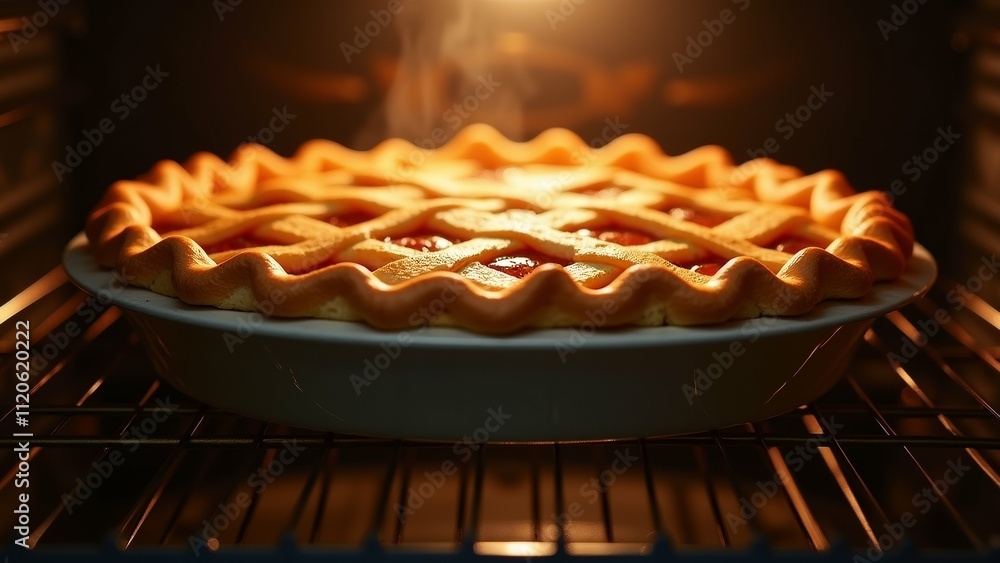 Poster The image shows a freshly baked pie in an oven. The pie is in a white pie dish and is placed on a wire rack. The crust of the pie is golden brown and has a lattice-like pattern on top.