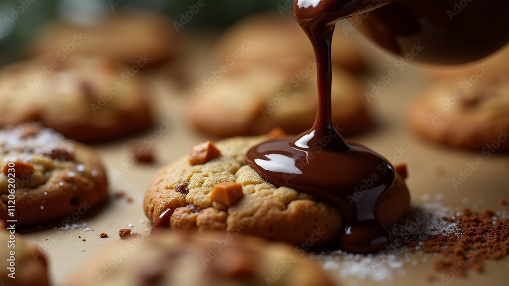 Poster the image shows a close-up of a chocolate drizzle being poured over a cookie. the cookie appears to 
