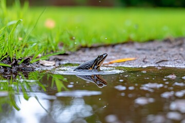 A detailed photo of a tadpole transforming into a frog, sitting beside a pond teeming with aquatic life