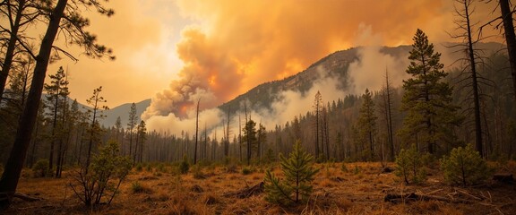 Raging Wildfire Engulfing Mountain Forest Against Dramatic Orange Sky