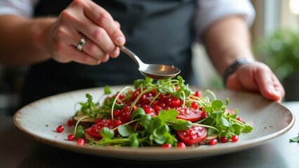 The image shows a person's hands holding a silver spoon over a plate of food.