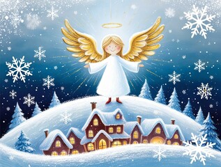 Fototapeta premium Charming Christmas angel above snowy village scene with glowing windows and delicate snowflakes