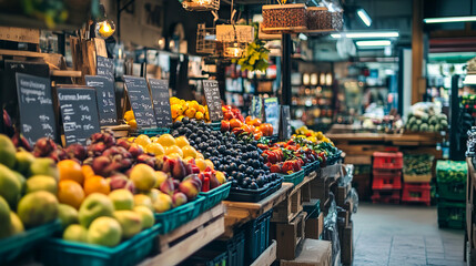 Fresh produce display in a vibrant indoor farmer's market