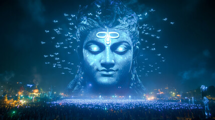 Enormous illuminated shiva statue with drone display at night festival