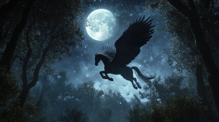 Fototapeta premium Mythical black winged horse under full moon