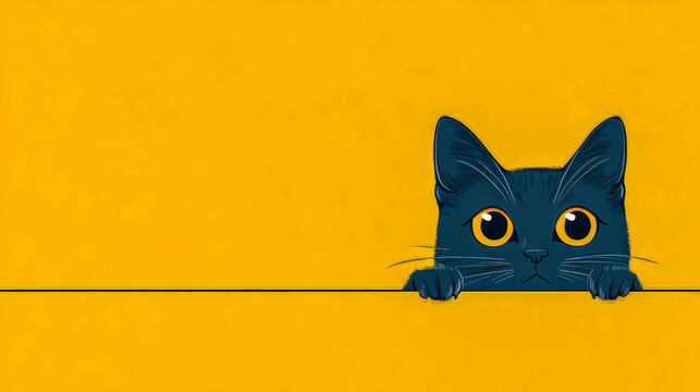 Curious cartoon cat with big eyes peeking over yellow background