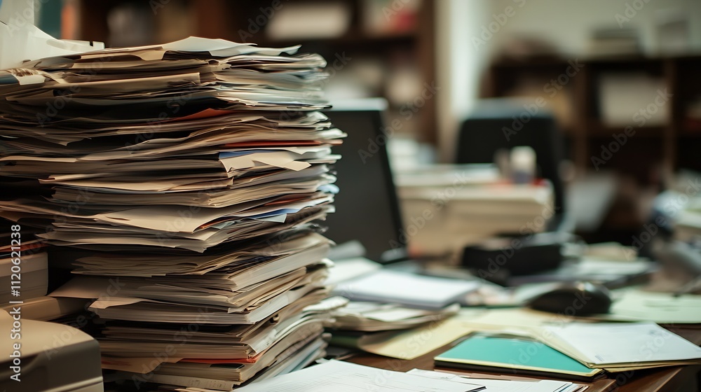 Aufkleber busy office desk with towering stack of paperwork and disorganized clutter : generative ai