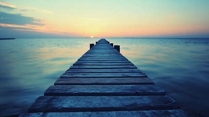 Obraz premium Lonely Wooden Pier Extending to the Horizon at Tranquil Ocean Sunset : Generative AI