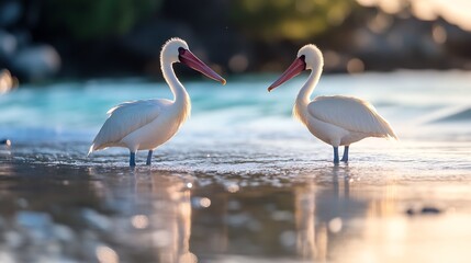 Pair of Graceful White Pelicans Standing by Vibrant Blue Sea : Generative AI
