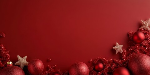 A vibrant red backdrop showcases festive Christmas decorations adorned with shimmering stars, capturing the essence of holiday cheer.