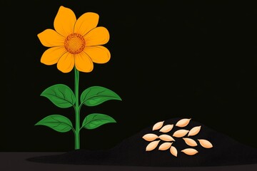 A flat vector illustration of a single flower shedding seeds in a circular pattern, representing renewal and growth