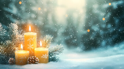 Enchanting Holiday Scene: Candles and Decorations in a Snow-Kissed Winter Forest Setting