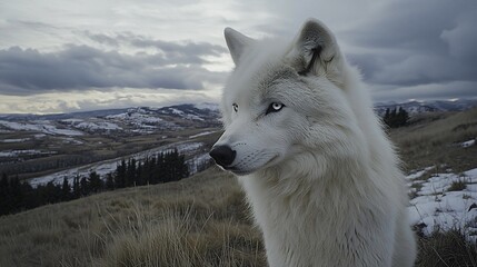Obraz premium Majestic white wolf in winter landscape.