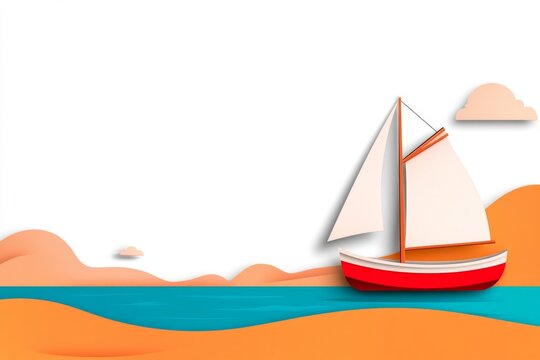 A flat vector of a dhow sailing against a desert skyline, with simple shapes and bold colors set on a white background