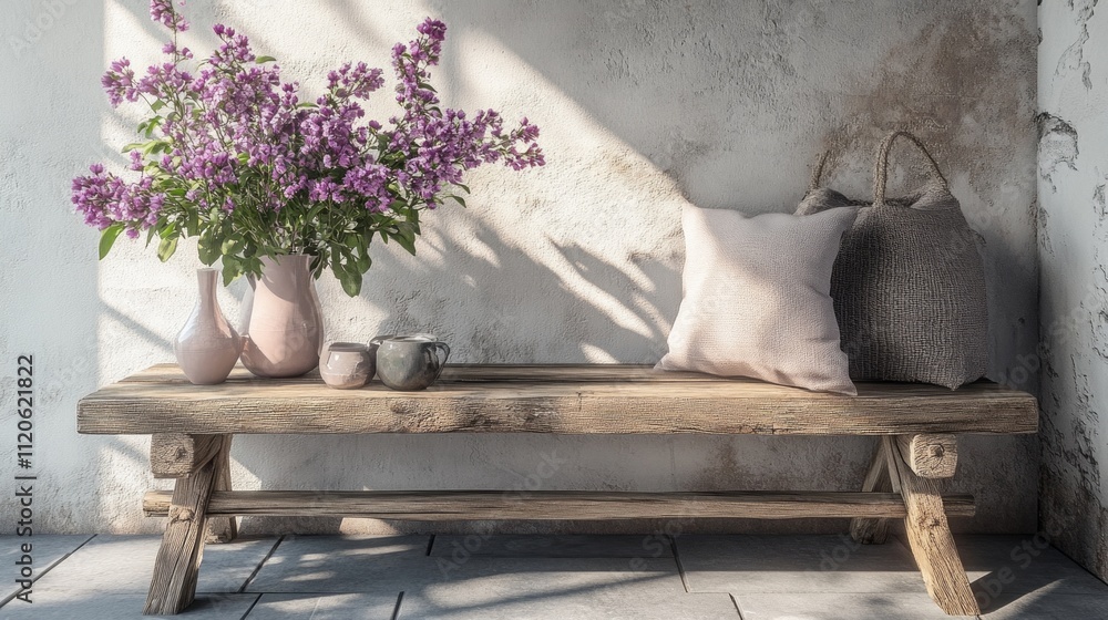 Poster this charming corner showcases a rustic wooden bench adorned with soft cushions, while a delicate ar