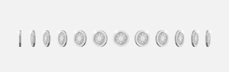Silver coin spinning in varied directions for video game animation. Metallic currency with ancient sun design rotates dynamically. Achievement icon in motion. Flat 3D style asset for gaming visuals