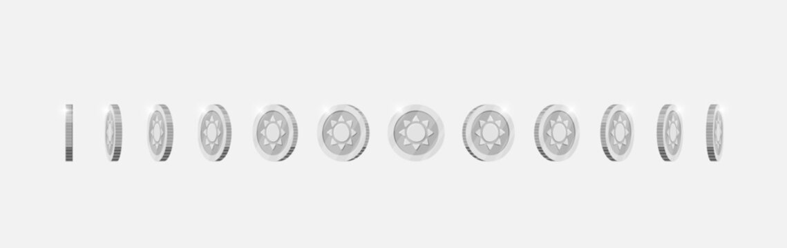 Silver coin spinning in varied directions for video game animation. Metallic currency with ancient sun design rotates dynamically. Achievement icon in motion. Flat 3D style asset for gaming visuals