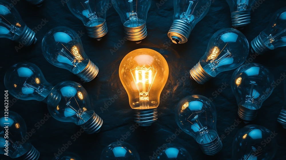 Poster illuminated light bulb standing out amongst dim bulbs on dark background : generative ai