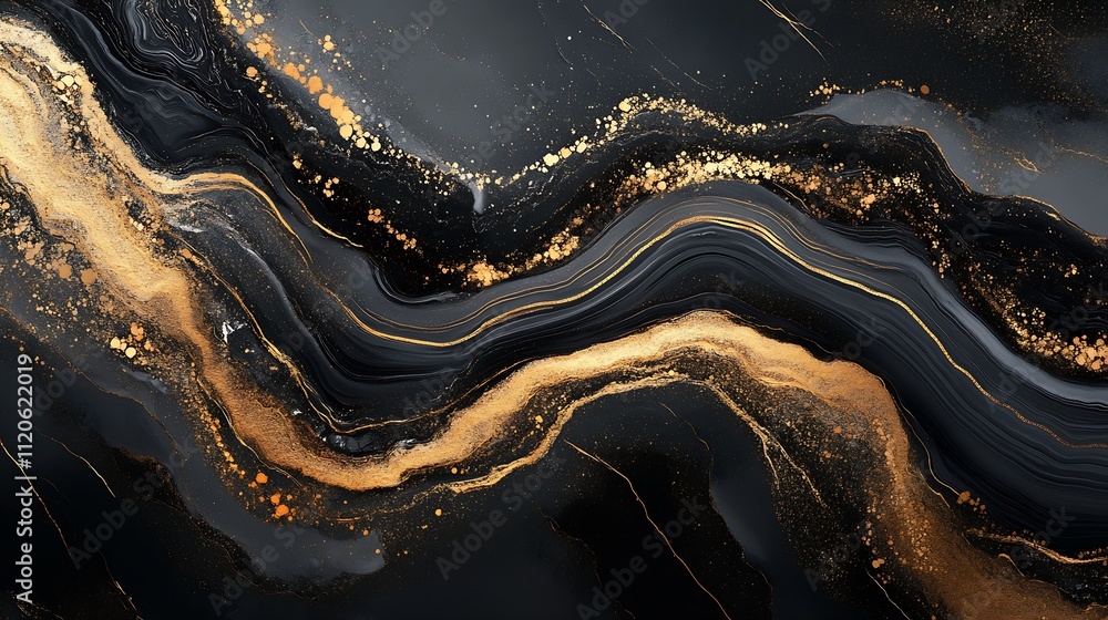 Poster Swirls of Gold and Black Abstract Art with Rich Textural Patterns : Generative AI
