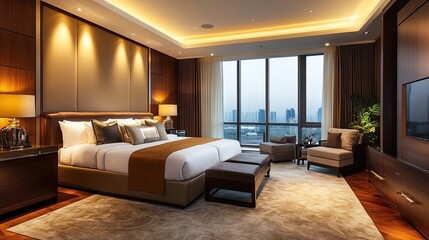 Fototapeta premium Luxurious modern bedroom with city view, king bed, and comfortable seating area.