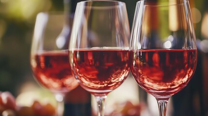 Elegant wine glasses with red wine at a festive outdoor gathering : Generative AI